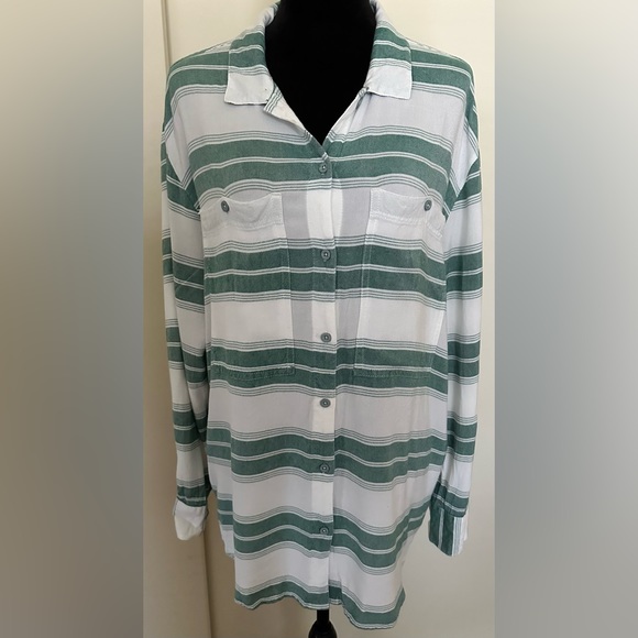 RVCA Tops - RVCA Green White Striped Button Long Sleeve Shirt